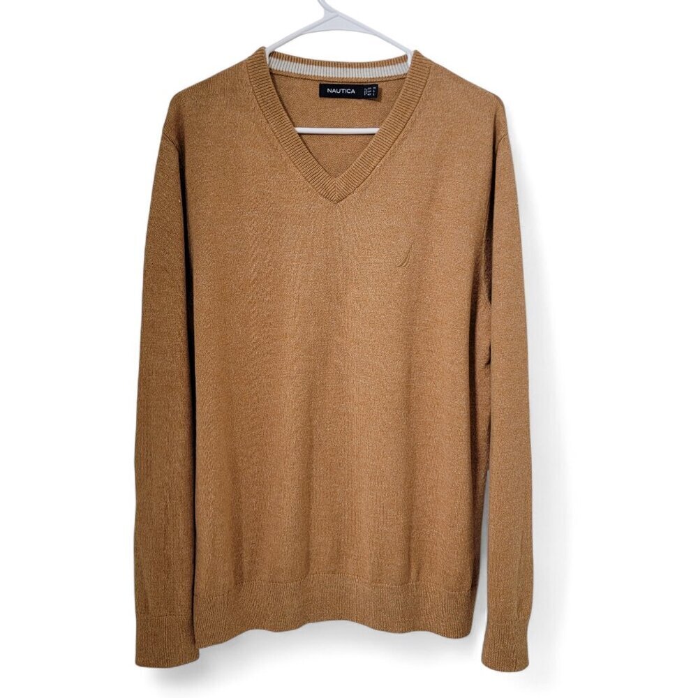 Nautica Size M Latte Tan V-Neck Sweater, 100% Cotton, Excellent Used Condition